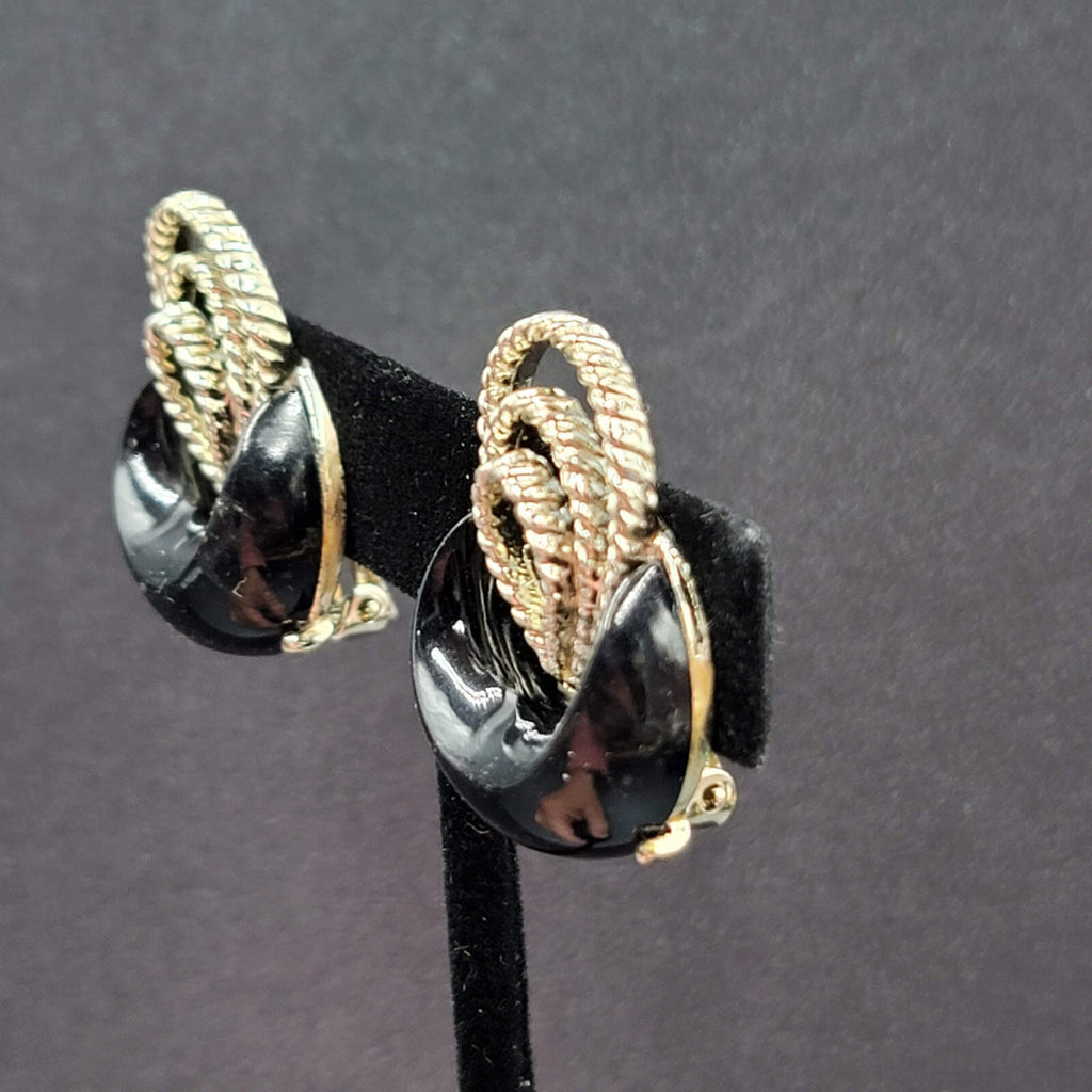 Clip on Earrings Silver tone Black Acrylic Climber MCM 1.25"