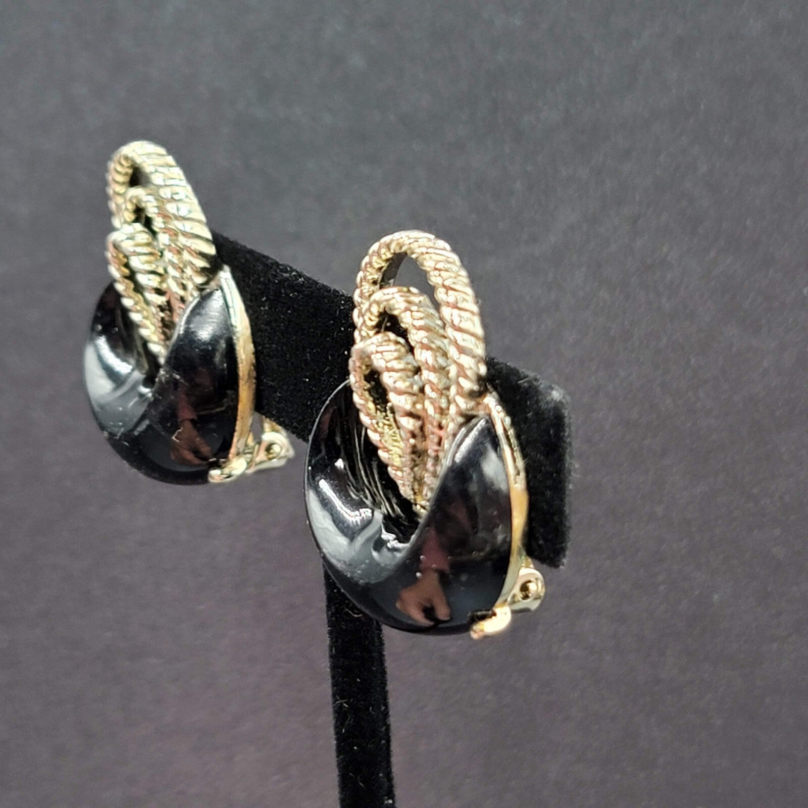 Clip on Earrings Silver tone Black Acrylic Climber MCM 1.25"
