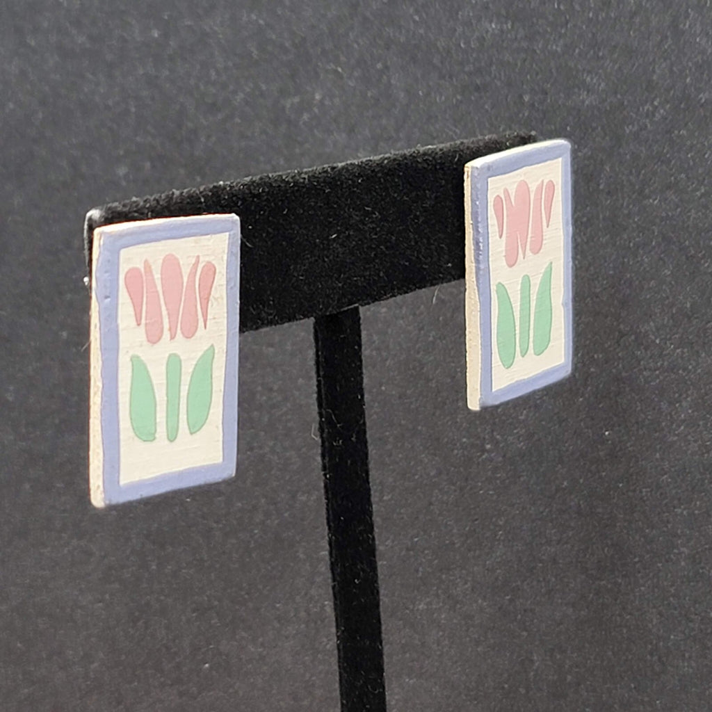 Vintage Tulip Flower Pierced Earrings Hand Painted Wood Rectangle Drop 1"