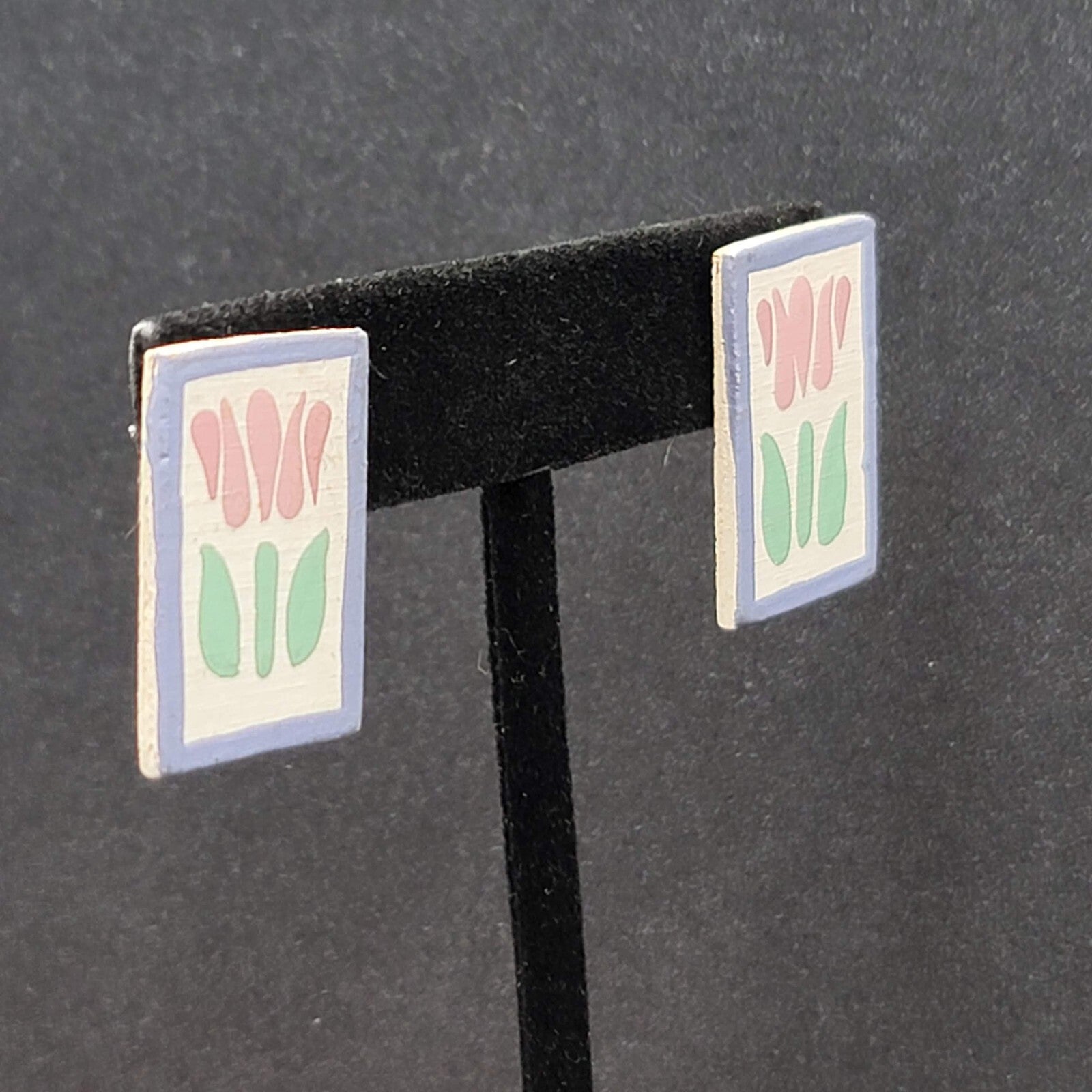 Vintage Tulip Flower Pierced Earrings Hand Painted Wood Rectangle Drop 1"
