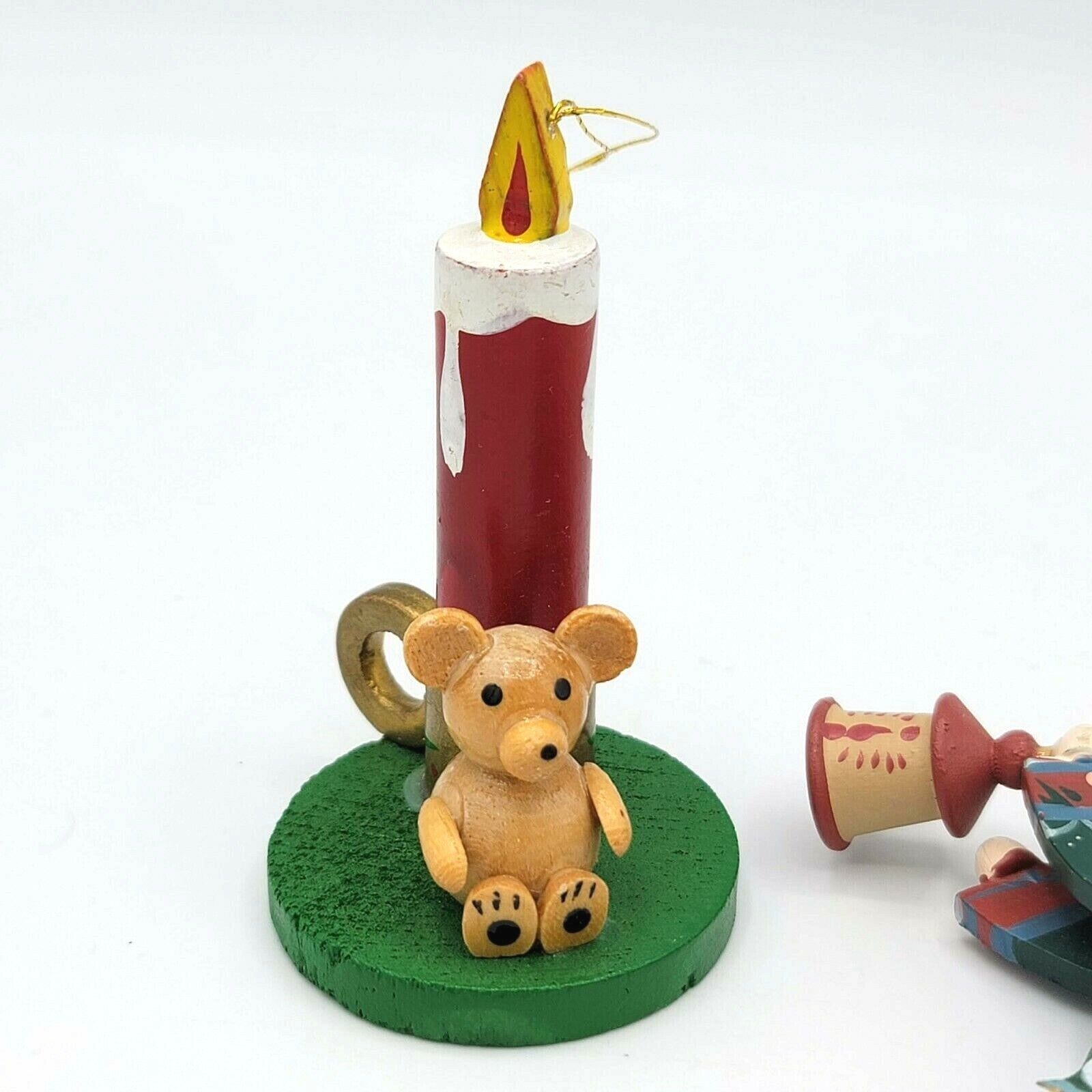Wood Christmas Ornaments Lot of 2 Hand Painted Angel Trumpet Candle Teddy Bear