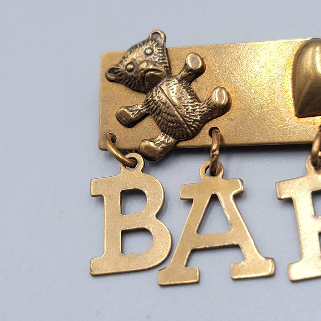 Jan Michaels San Francisco Brooch BABY Charm Dangle Brass 2.25"