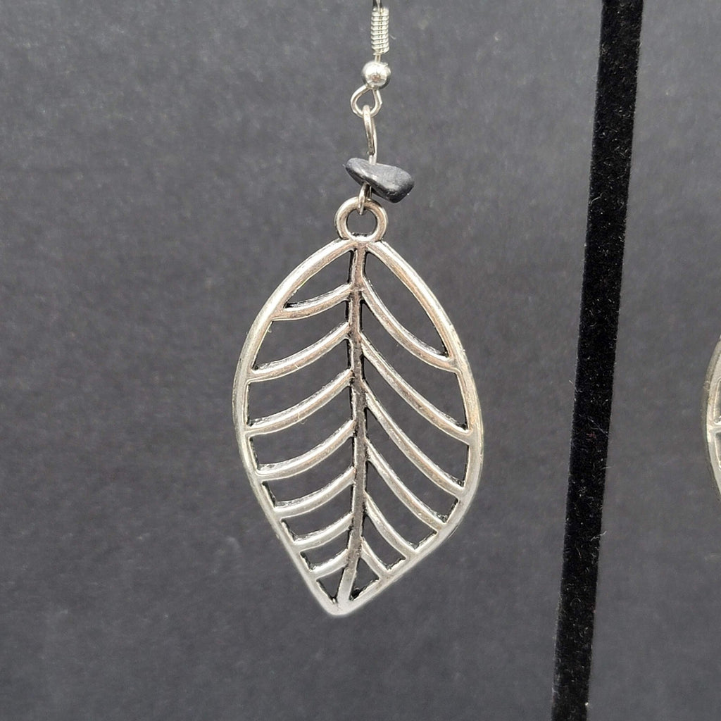 Pierced Earrings Open Work Leaf Black Stone Bead Dangle Long 2.25"