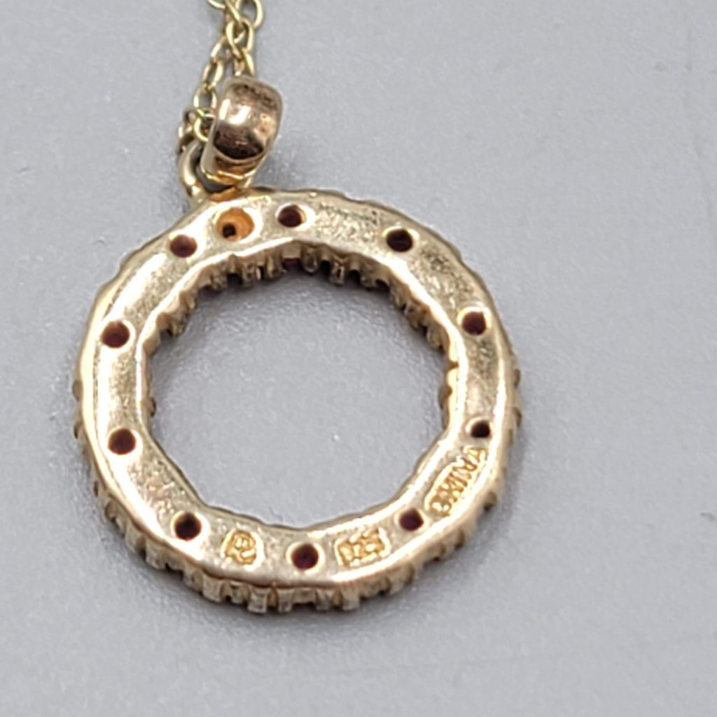 Gold Plated Sterling Silver Open Circle Pendant Diamond Ruby Chips Necklace 18"