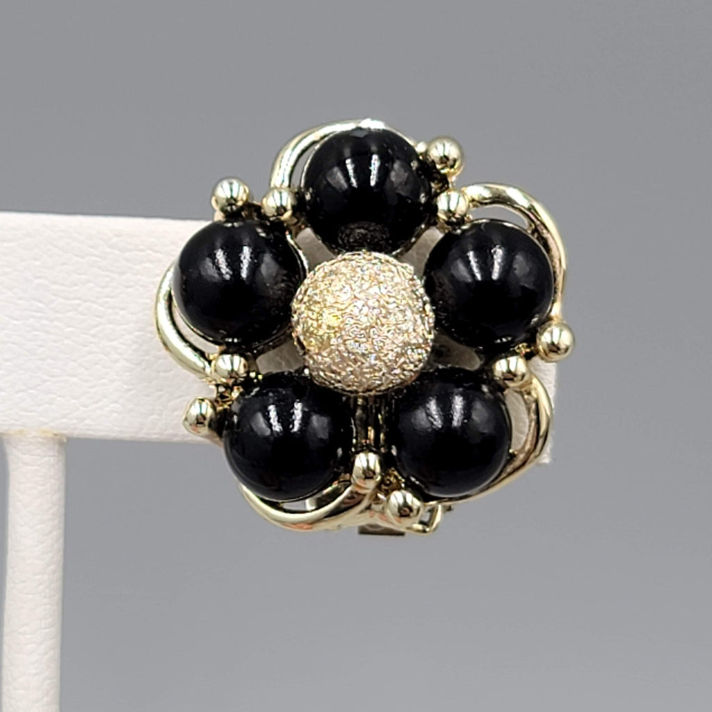 Vintage Gold tone Black Bead Flower Clip on Earrings 1"