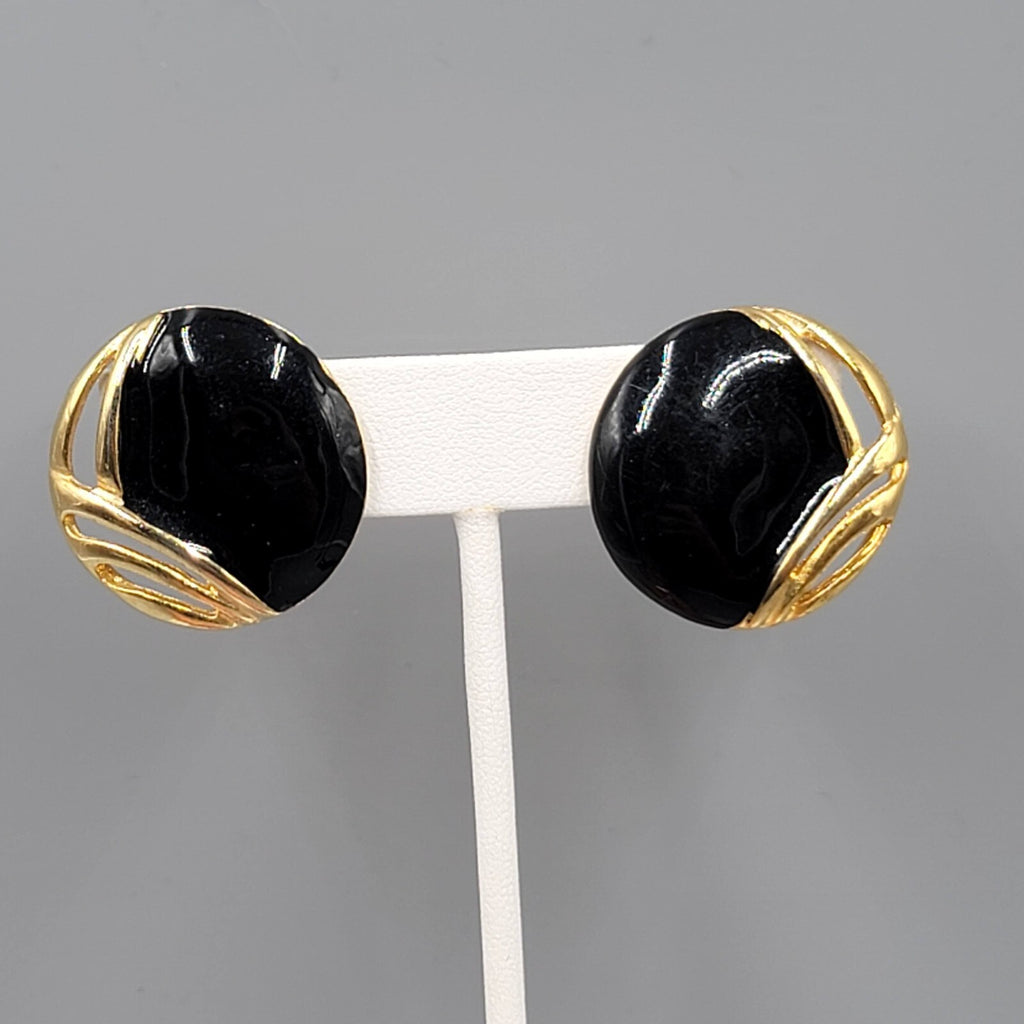 Vintage Clip on Earrings Gold tone Black Enamel Statement Drop 1 1/8"