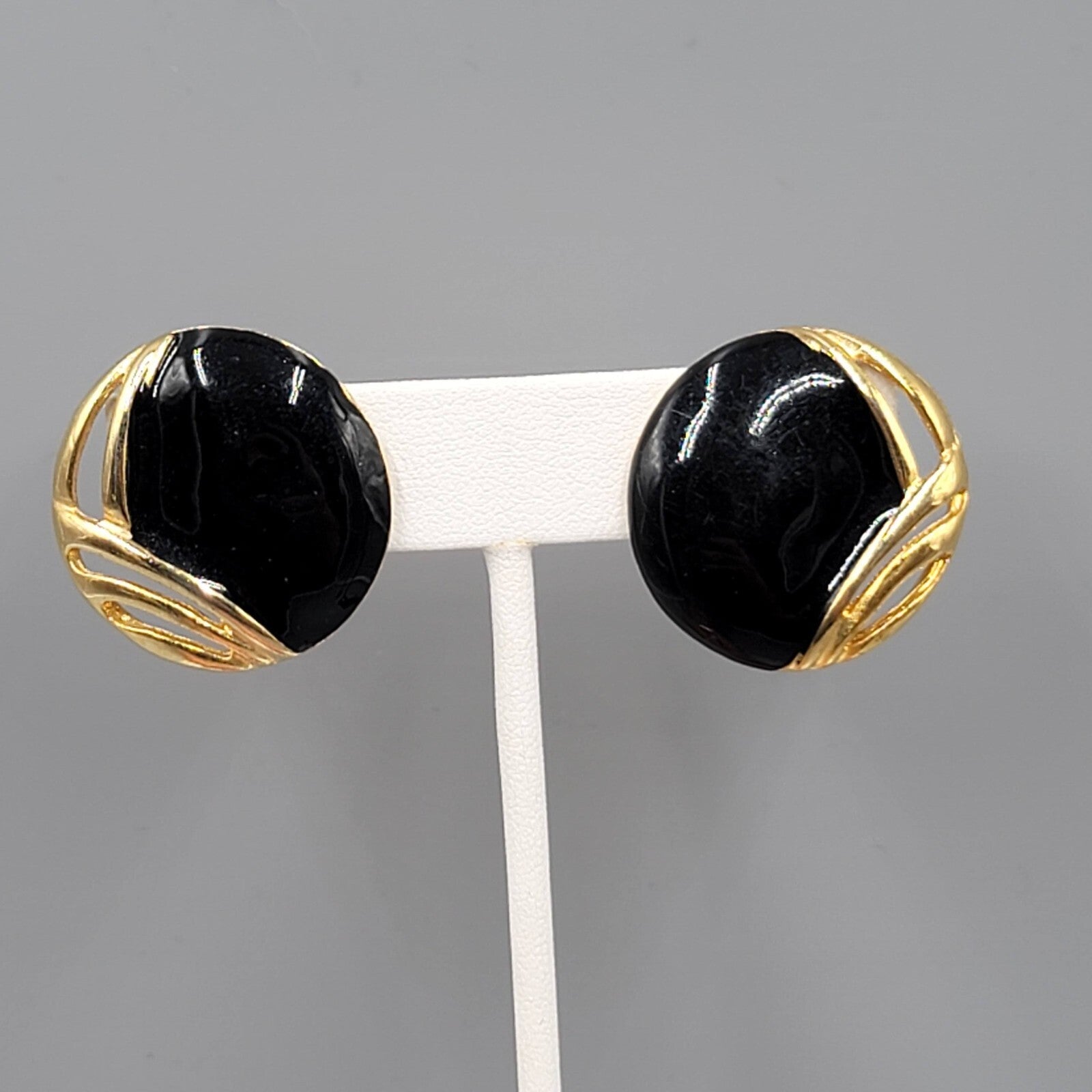 Vintage Clip on Earrings Gold tone Black Enamel Statement Drop 1 1/8"