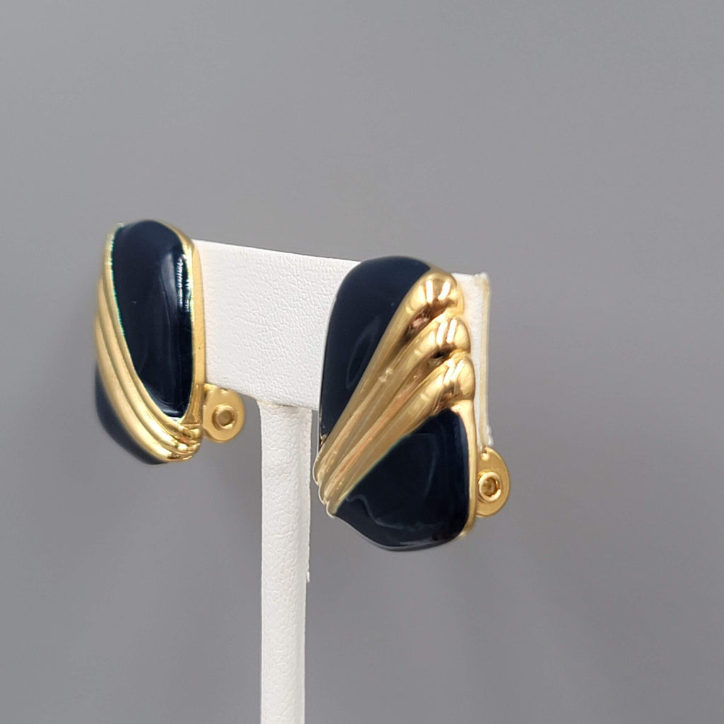 Vintage Monet Clip on Earrings Navy Blue Enamel Drop 7/8"