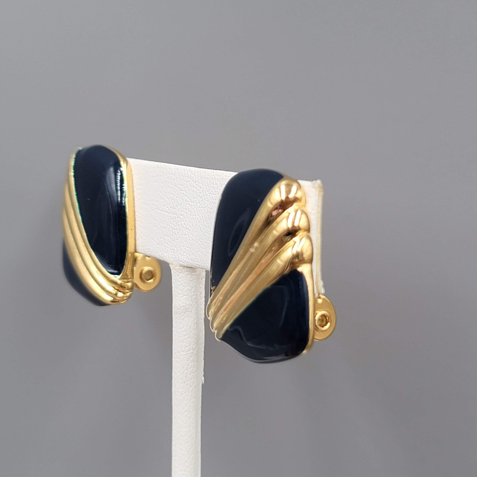 Vintage Monet Clip on Earrings Navy Blue Enamel Drop 7/8"