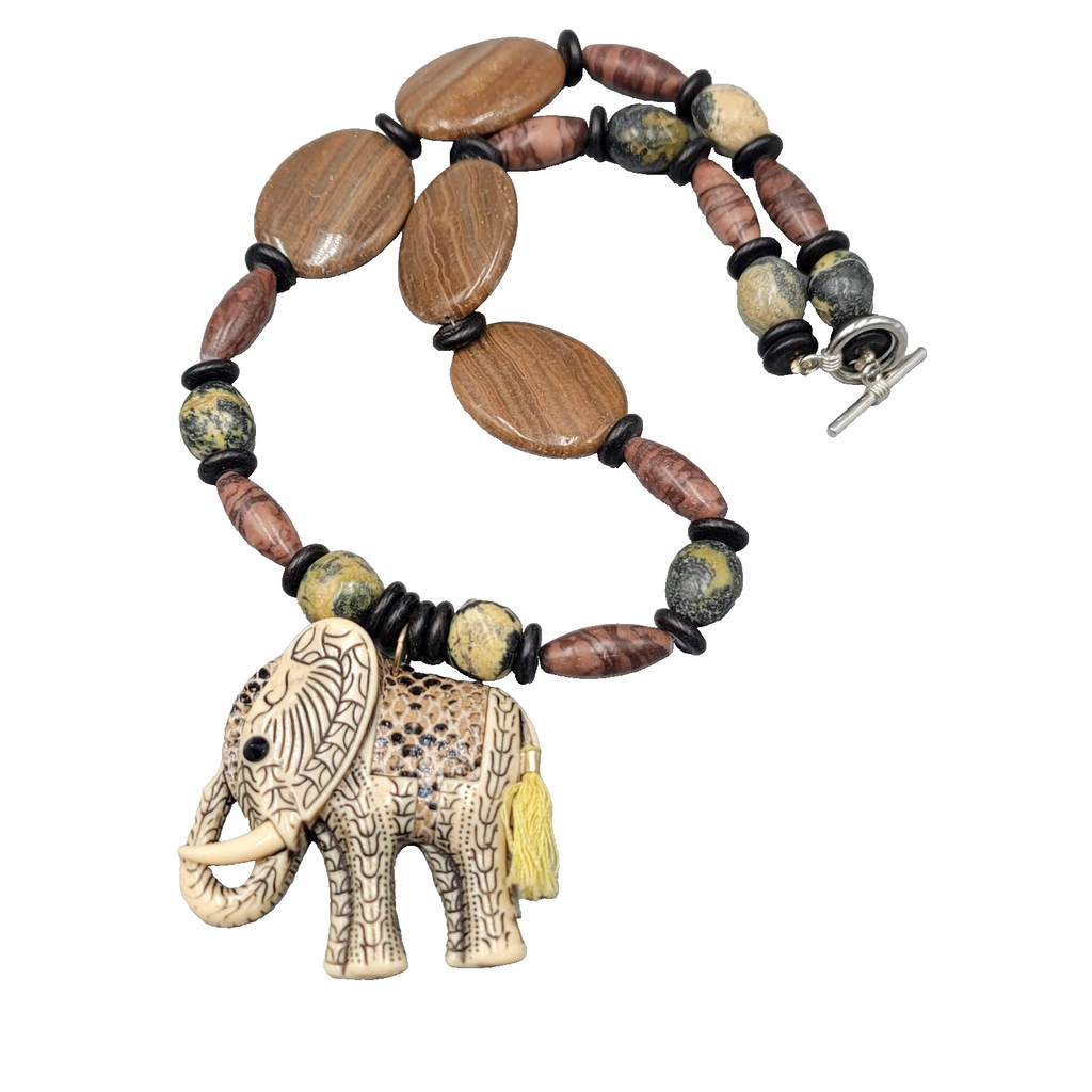 Elephant Pendant Necklace Mixed Stone Beads Toggle Clasp 24 in African Motif