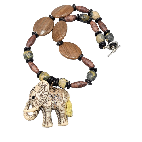 Elephant Pendant Necklace Mixed Stone Beads Toggle Clasp 24 in African Motif