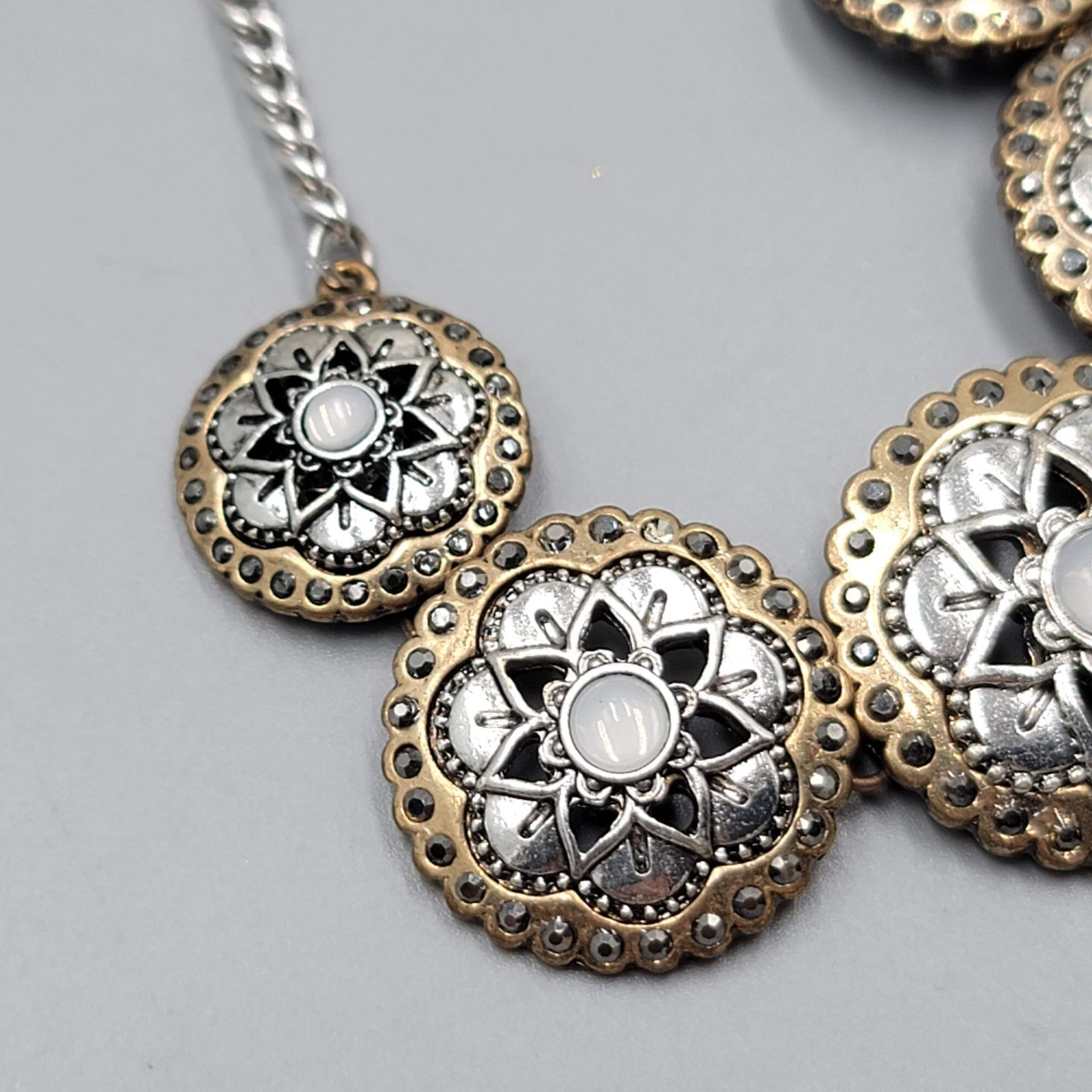 Disc Statement Necklace Two Toned Metals 16"-18"