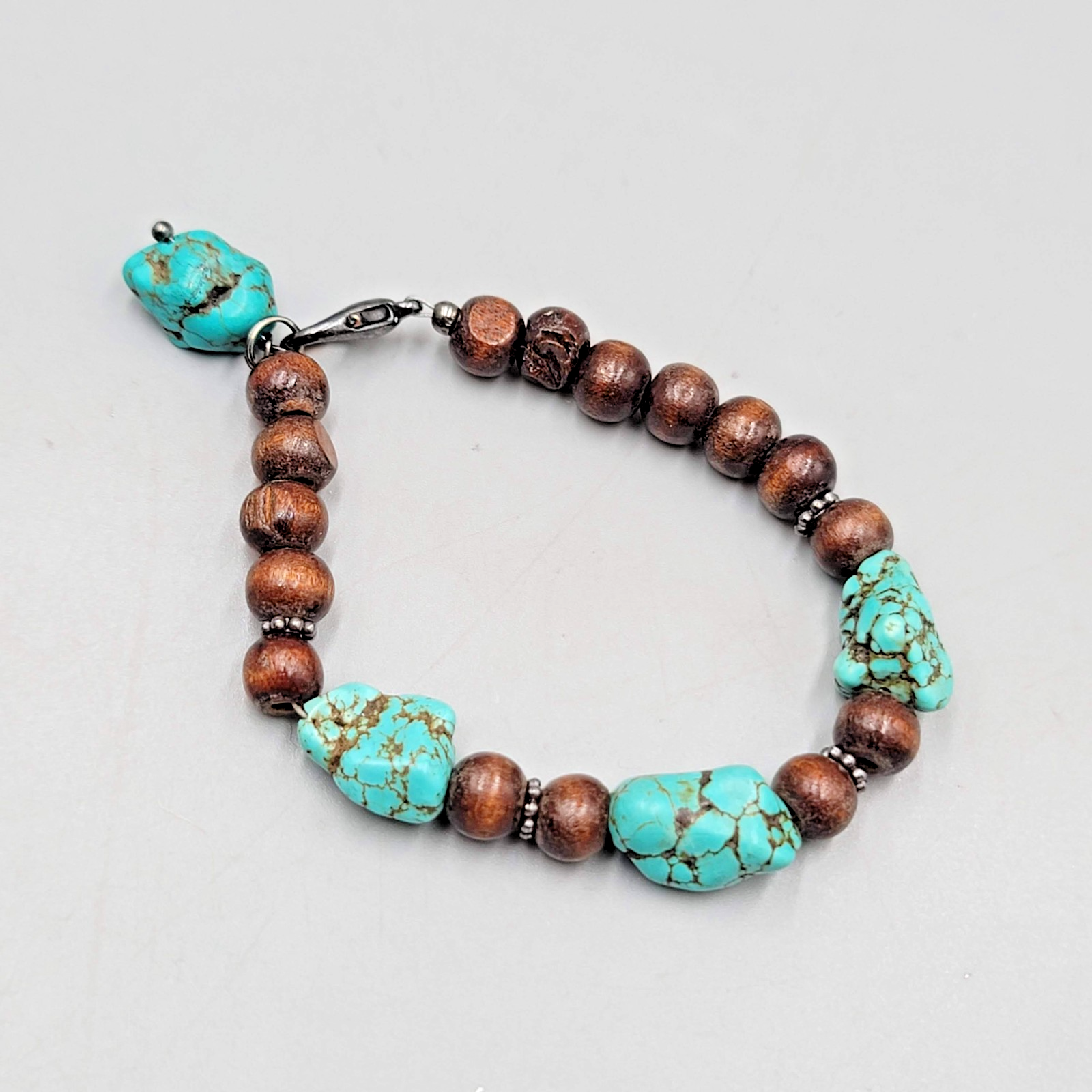 Wood and Blue Howlite Stone Bead Bracelet 6.5"