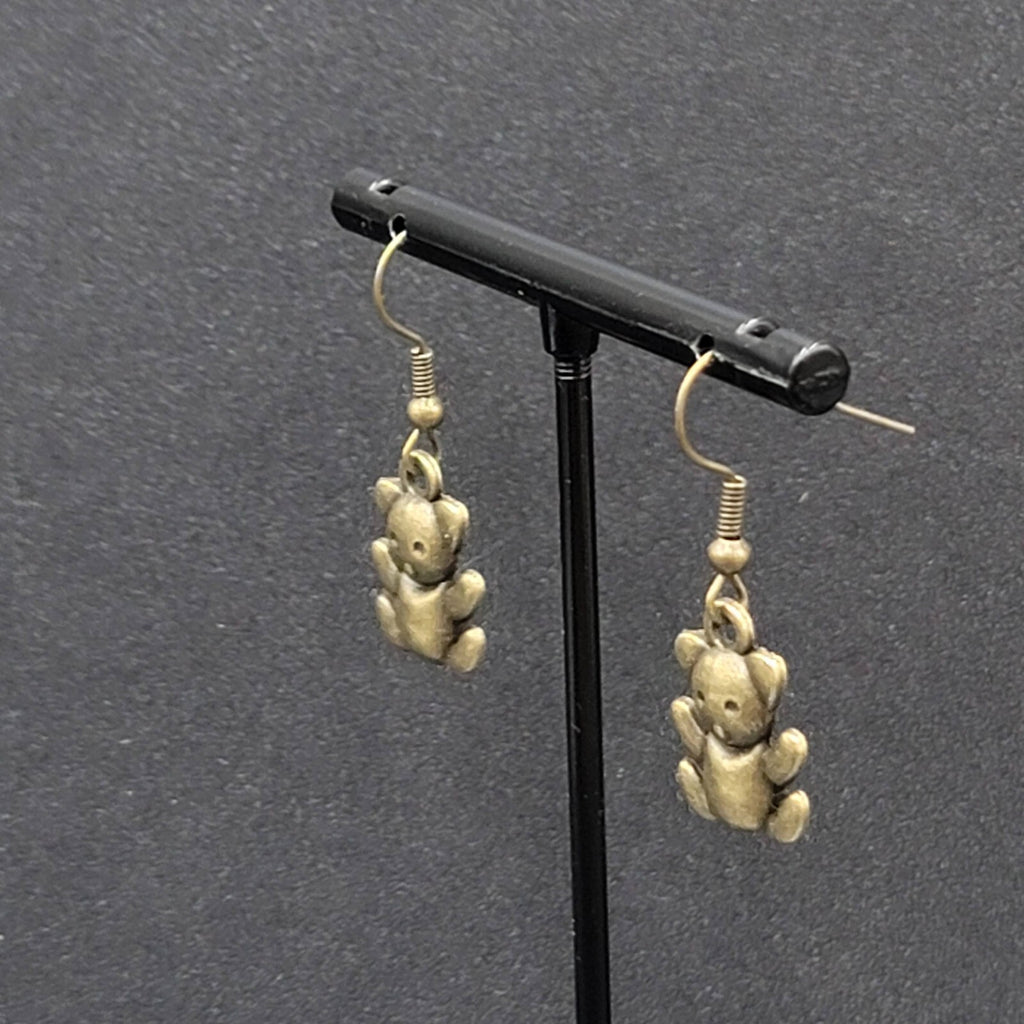 Teddy Bear Pierced Earrings Bronze tone Embossed Dangle New 3/4"