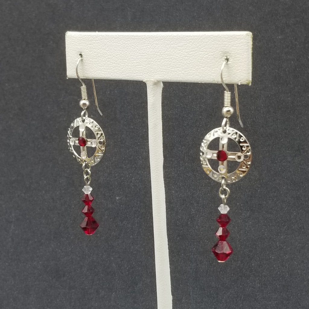 Pierced Earrings Silver tone Open Work Red Crystal Bead Statement Dangle 1 1/2"