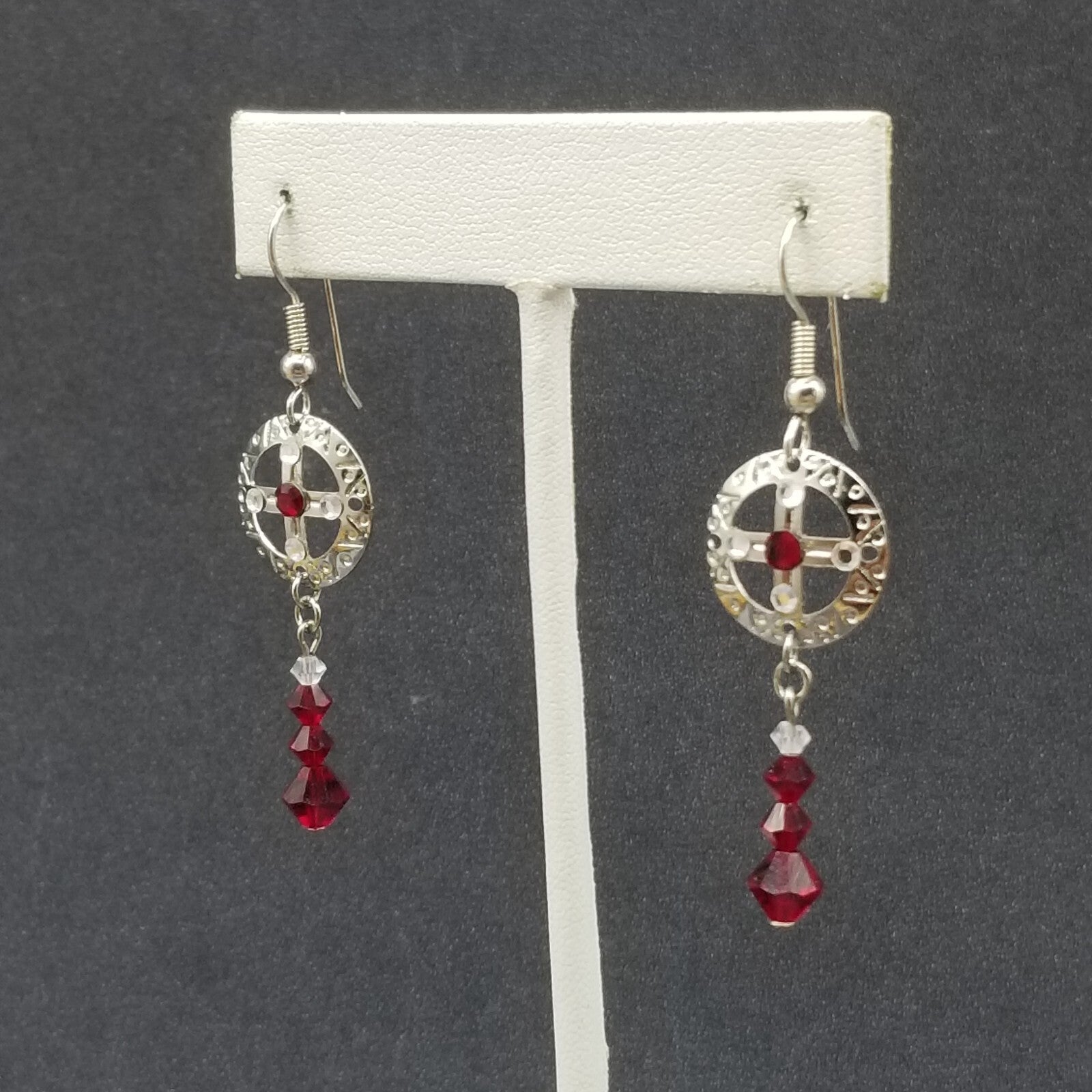 Pierced Earrings Silver tone Open Work Red Crystal Bead Statement Dangle 1 1/2"