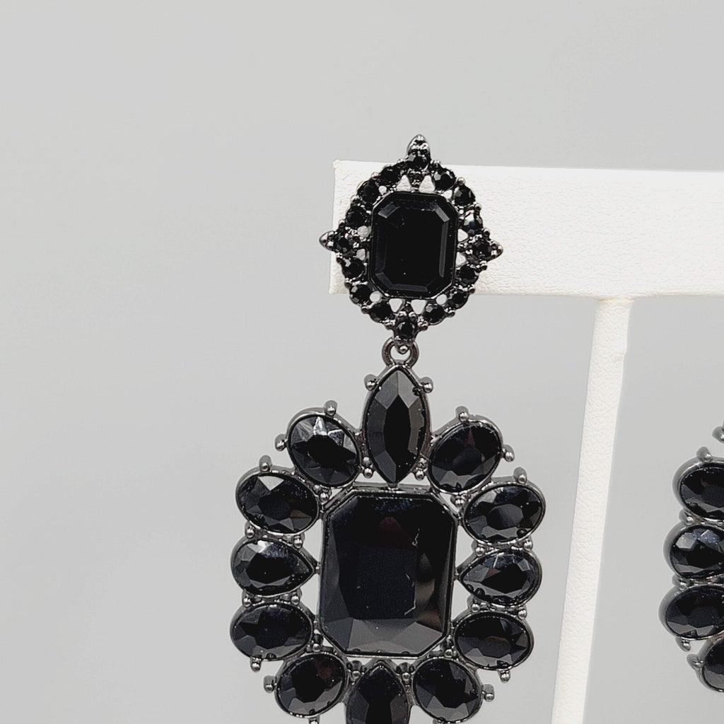 Pierced Earrings Black Metal Black Rhinestone Dangle 2.5"