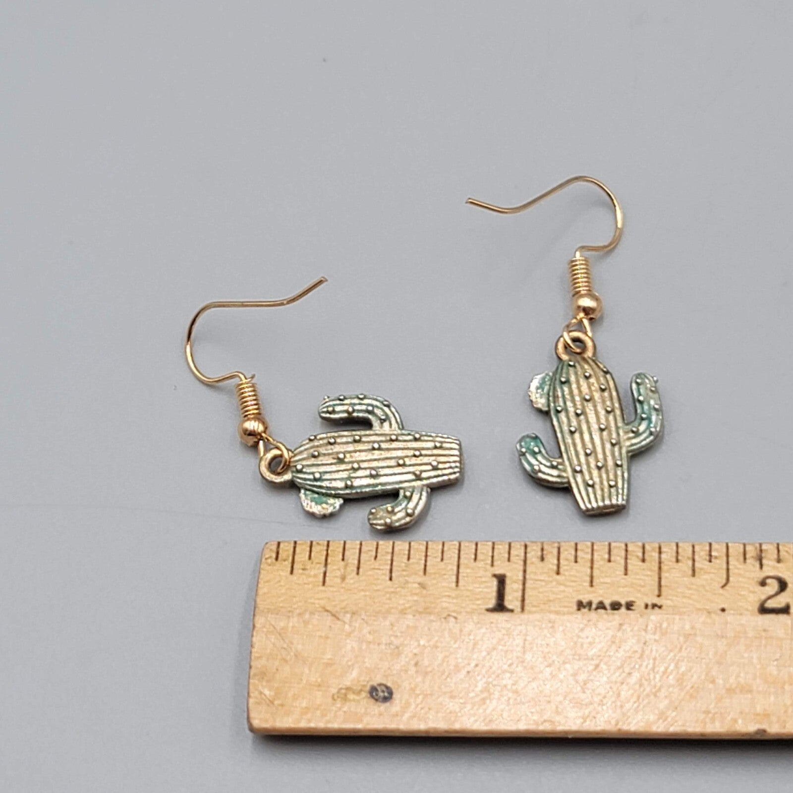 Saguaro Cactus Pierced Earrings Gold tone Dangle 3/4"