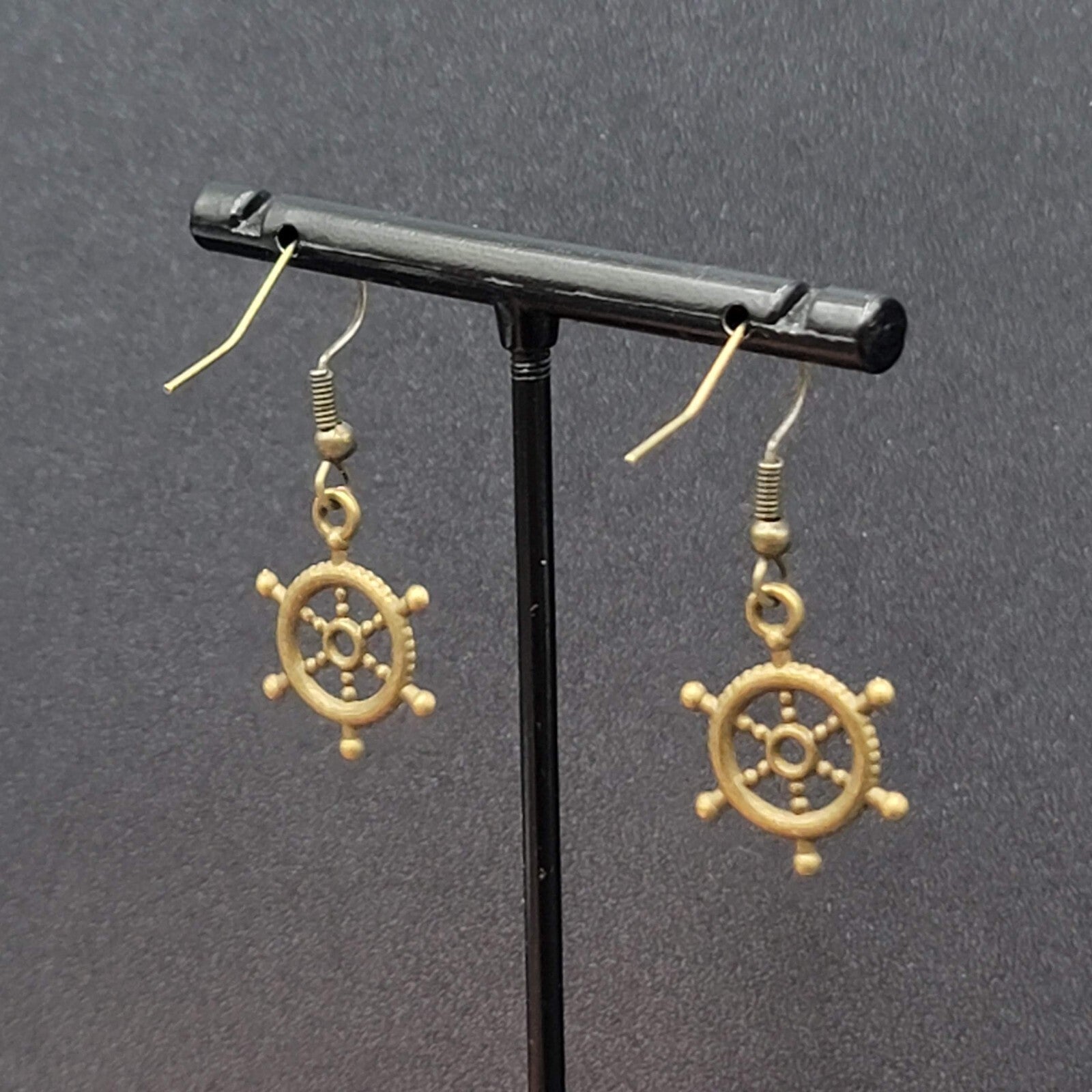 New Nautical Ships Wheel Pierced Earrings Bronze tone Embossed Dangle 3/4"