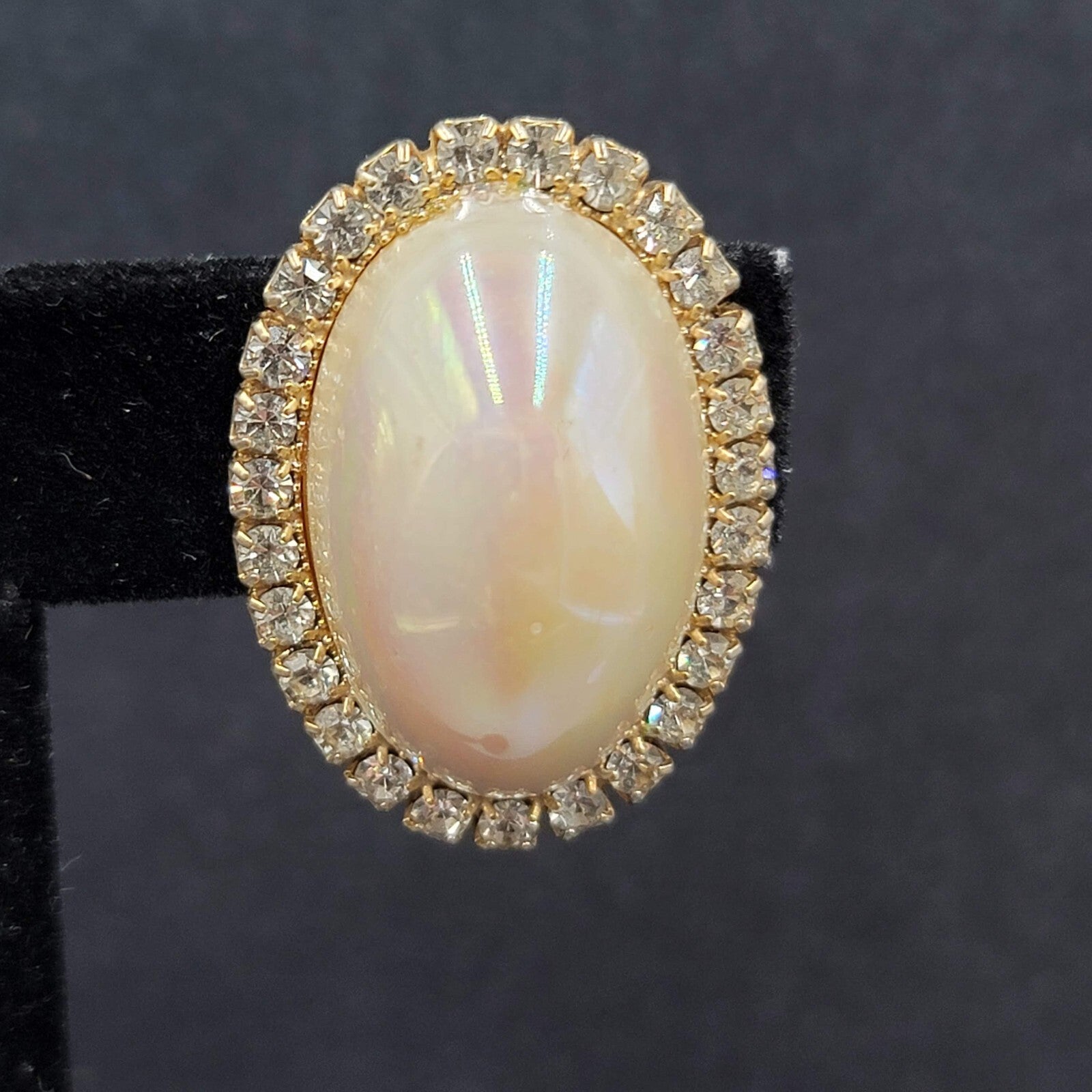 Vintage Clip on Earrings Statement AB Rhinestones Pearl White Cabochon 1 1/8"