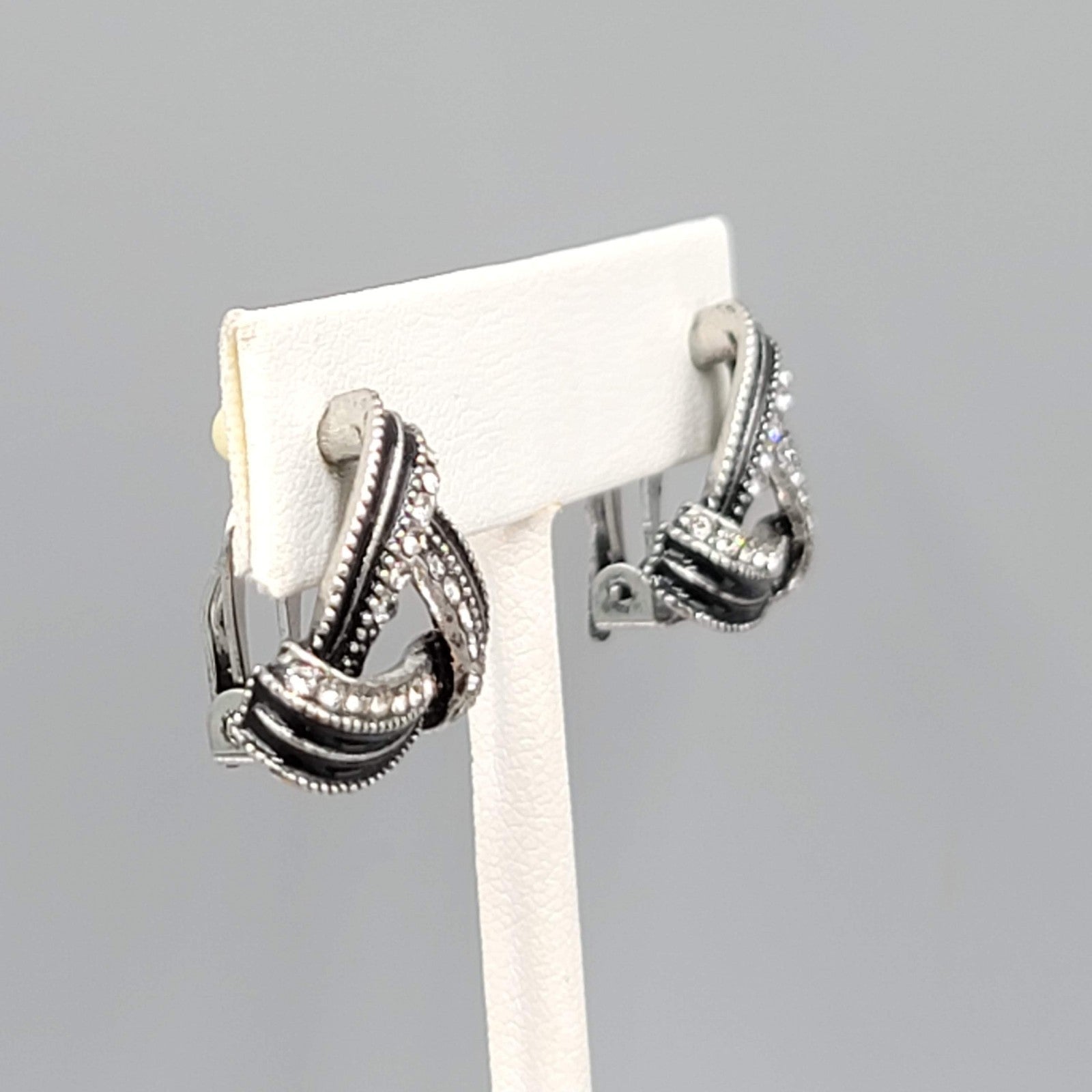 Black Enamel Open Triangle Rhinestone Clip on Earrings Silver tone 3/4"