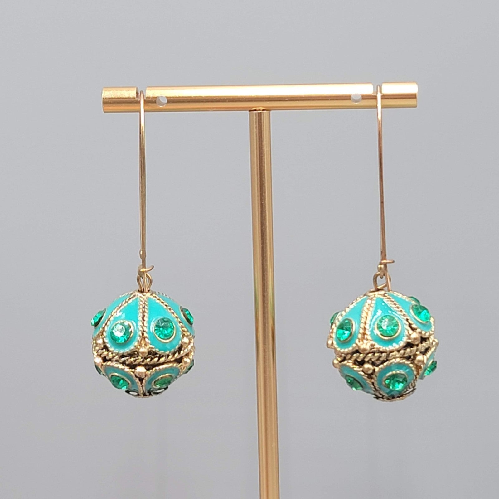Green Rhinestone Blue Enamel Boho Pierced Earrings Gold tone Dangle 2.5 in