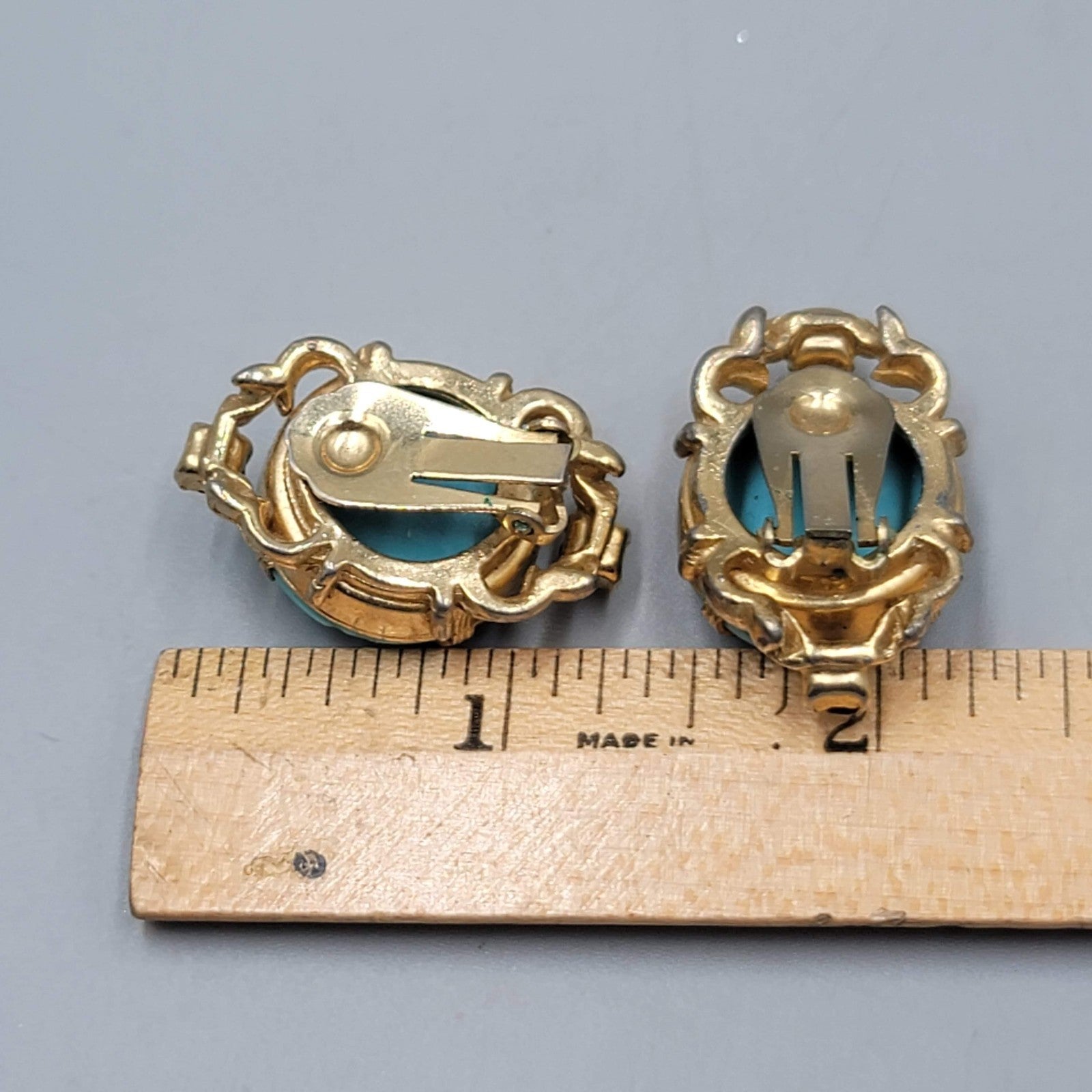 Vintage Blue Art Glass Clip on Earrings Gold tone Black Rhinestone 1.25 in