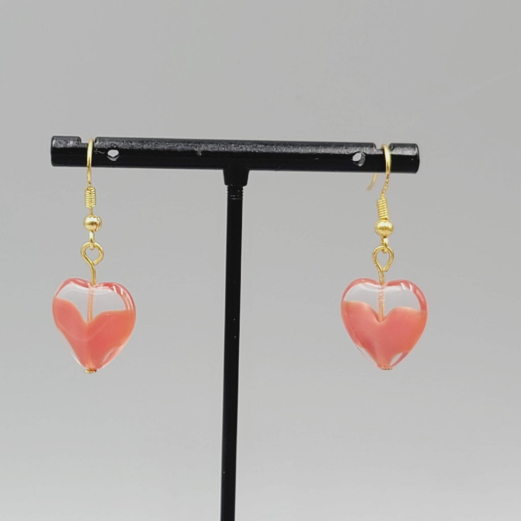 Glass Heart Bead Pierced Earrings Gold tone Dangle 3/4"