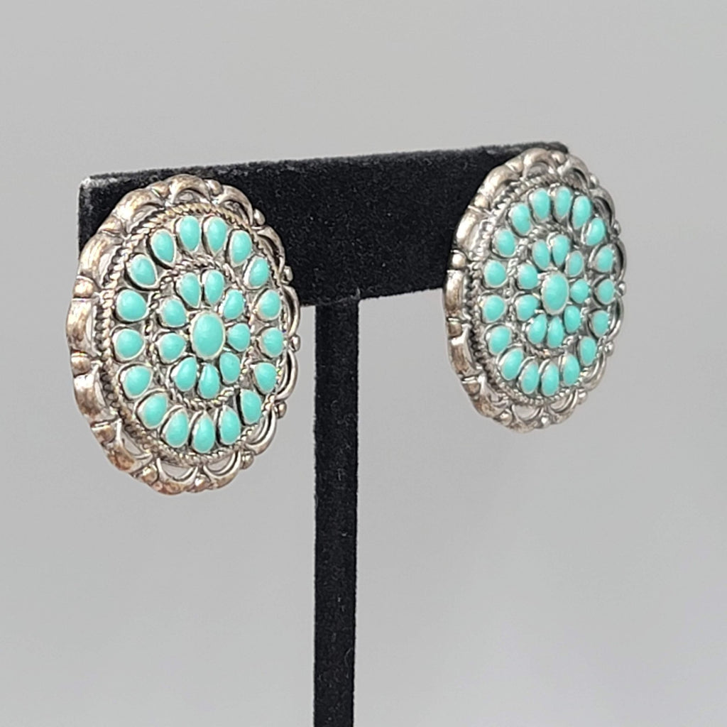 Vintage Southwest Style Clip on Earrings Dark Silver tone Blue Enamel 1 1/8"