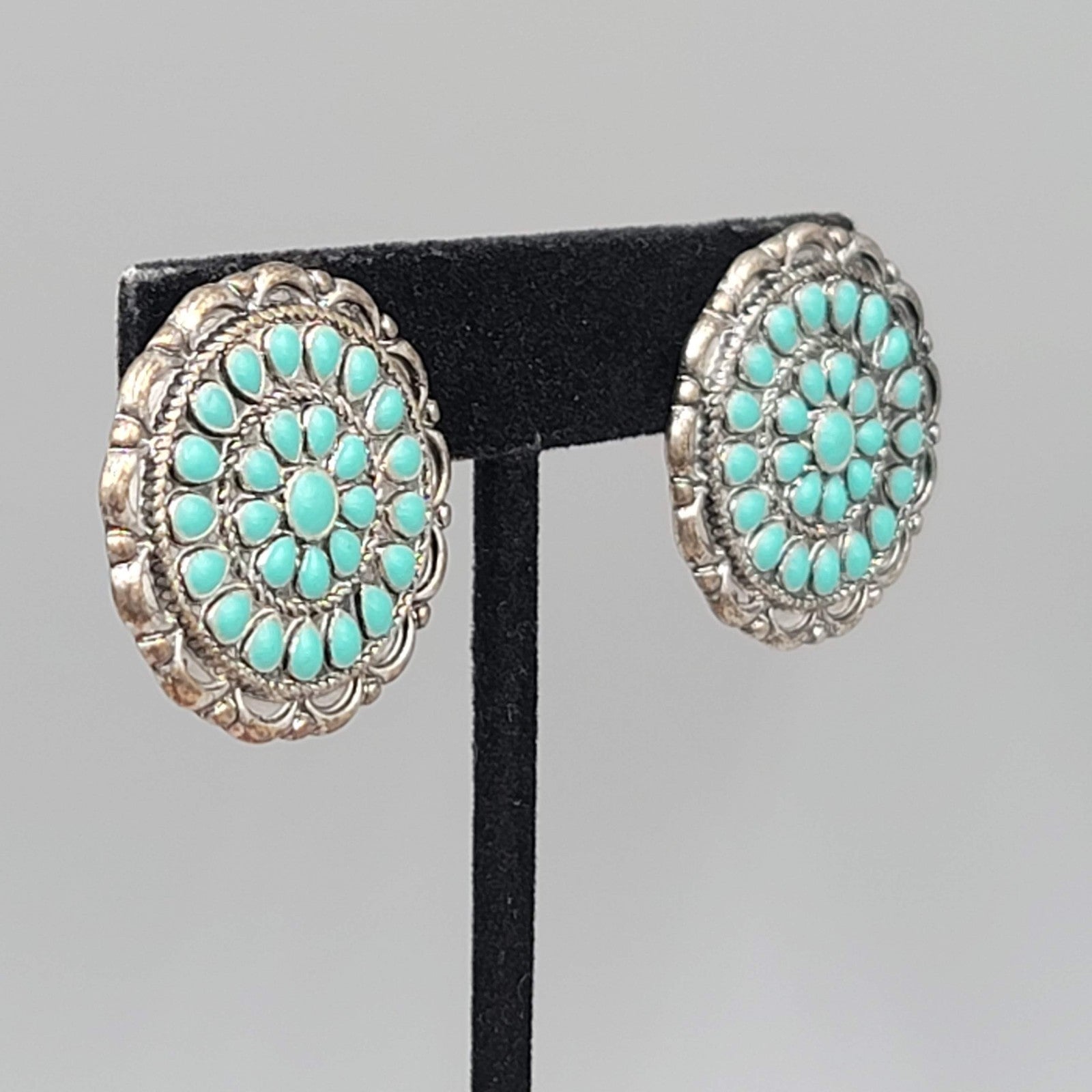 Vintage Southwest Style Clip on Earrings Dark Silver tone Blue Enamel 1 1/8"