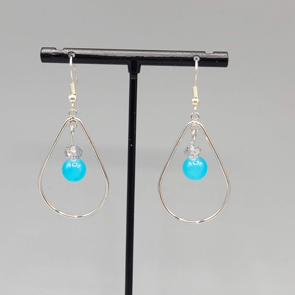 Pierced Earrings Silver tone Teardrop Hoops Blue Bead Dangle 1.5"