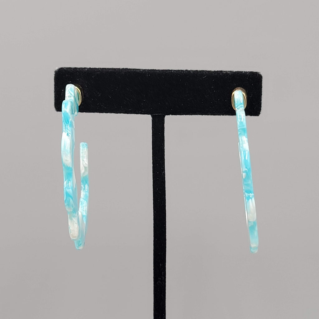 Blue Resin Scalloped Hoops Pierced Earrings Gold tone 2"