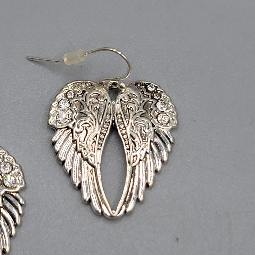 Crystal Angel Wings Pierced Earrings Silver tone Dangle 1"