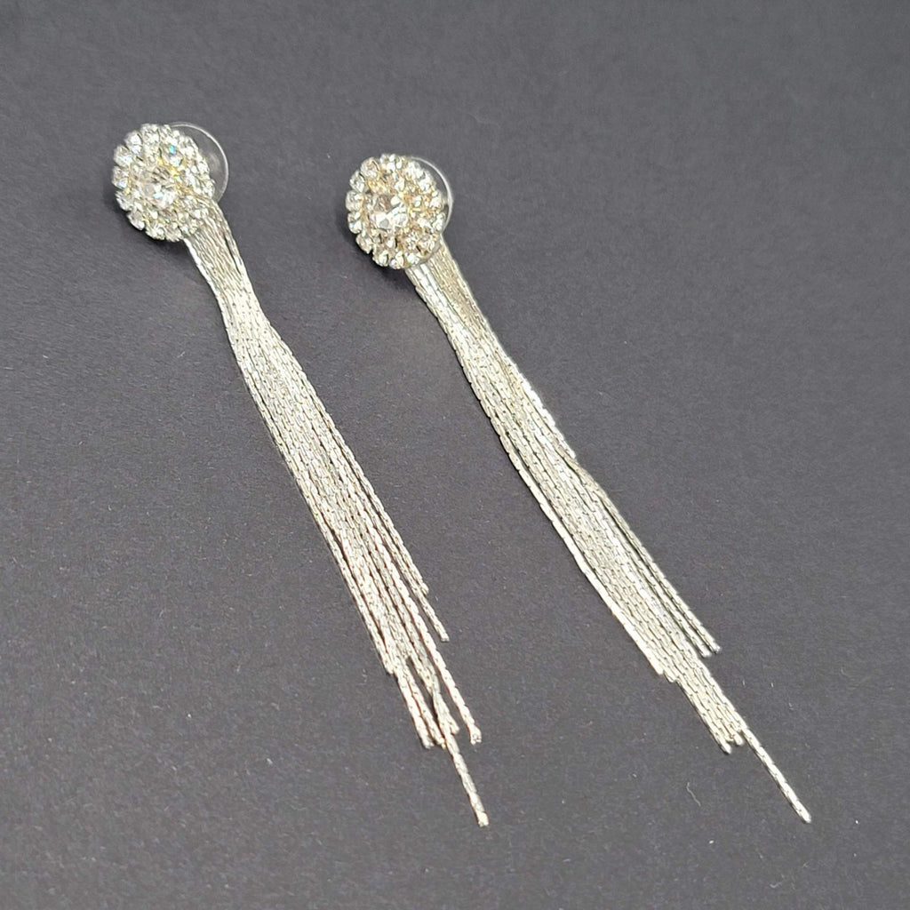 Long Dangle Chain Pierced Earrings Rhinestone Silver tone 3"
