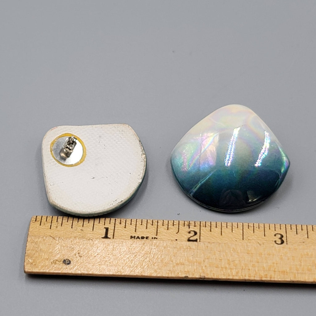 Vintage Ceramic Pierced Earrings White Teal Ombre Drop Statement 80s 1 3/8"