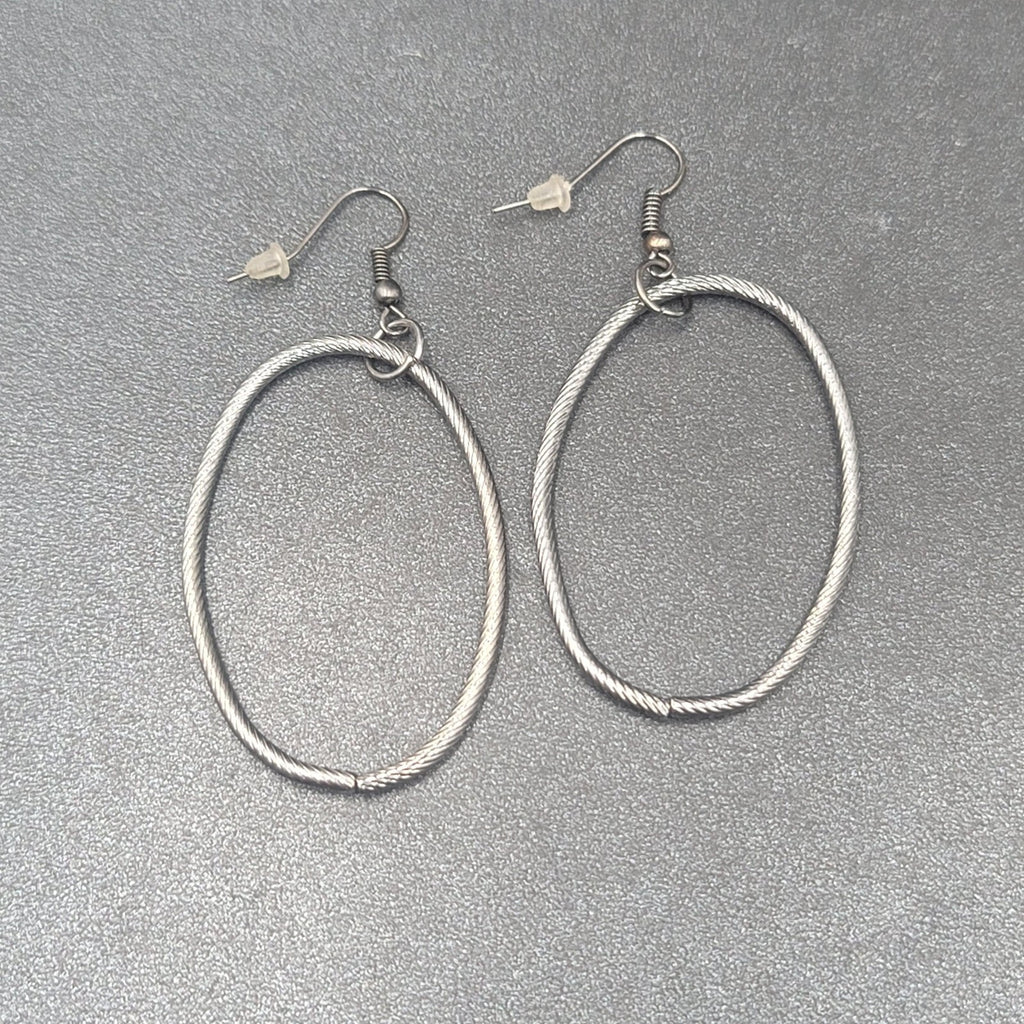 Pierced Earrings Black Metal Textured Oval Long Hoops Dangle 2"