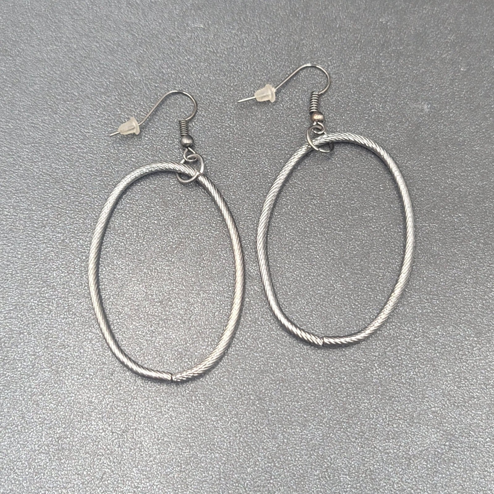 Pierced Earrings Black Metal Textured Oval Long Hoops Dangle 2"