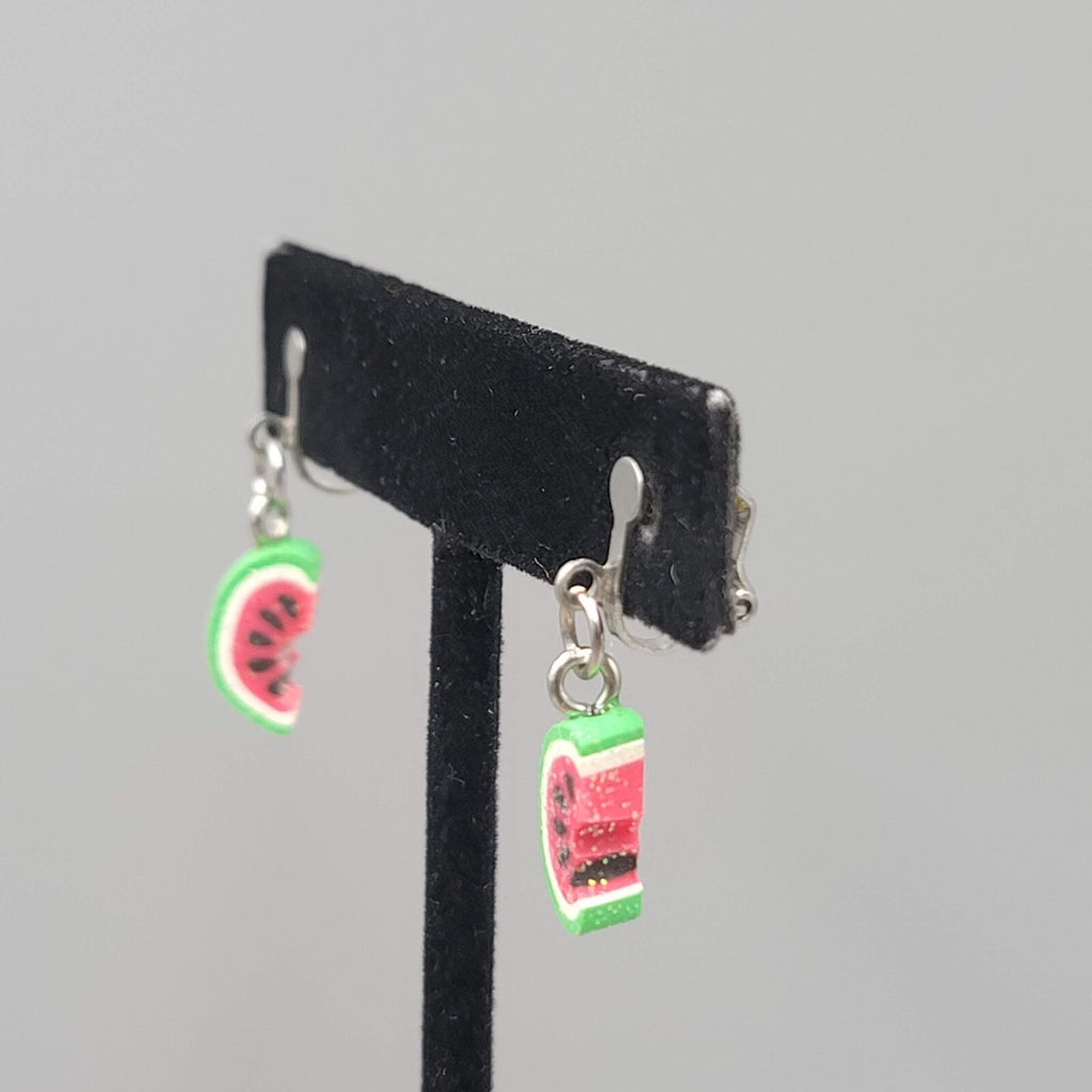 Watermelon Dangle Clip on Earrings Silver tone Cute 3/4"