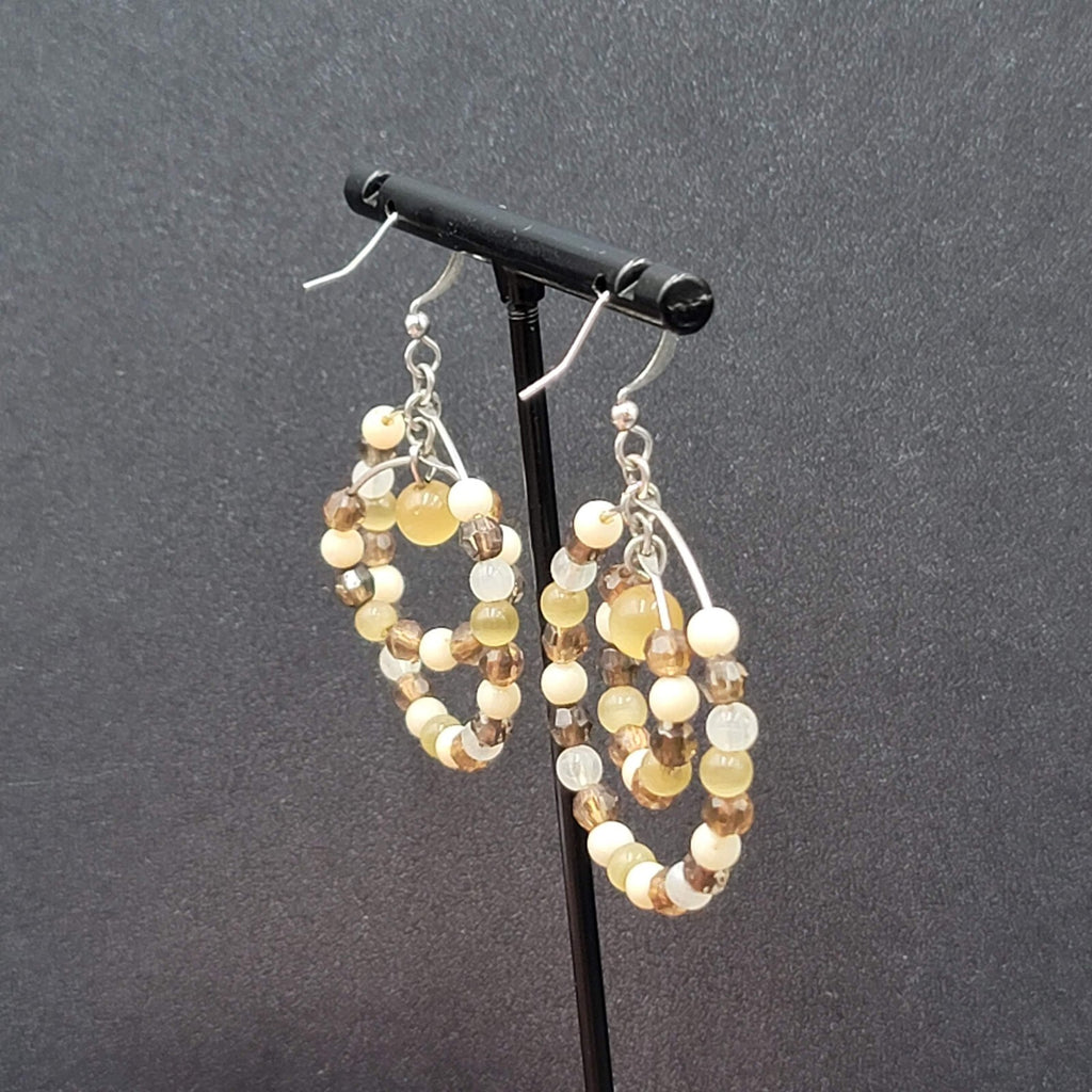 Pierced Earrings Silver tone Brown Beaded Double Hoops 1.5"