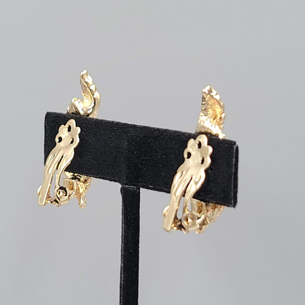 Vintage Climber Clip on Earrings Gold tone Textured Leaf White Bead 1.25"
