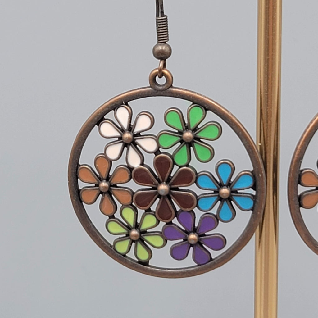Multicolor Enamel Flower Pierced Earrings Round Bronze tone Dangle 1 3/8"