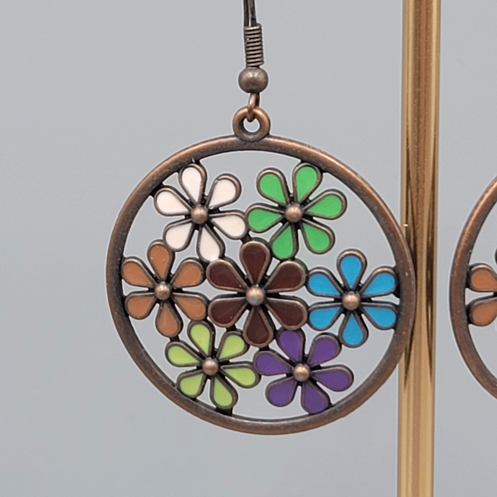 Multicolor Enamel Flower Pierced Earrings Round Bronze tone Dangle 1 3/8"
