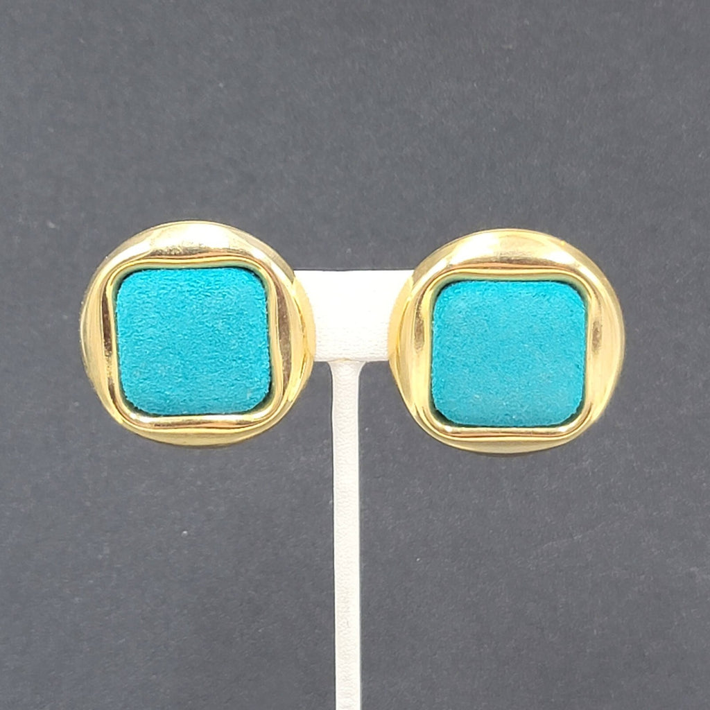 Clip on Earrings Gold tone Square Blue Felt Drop 1.25"