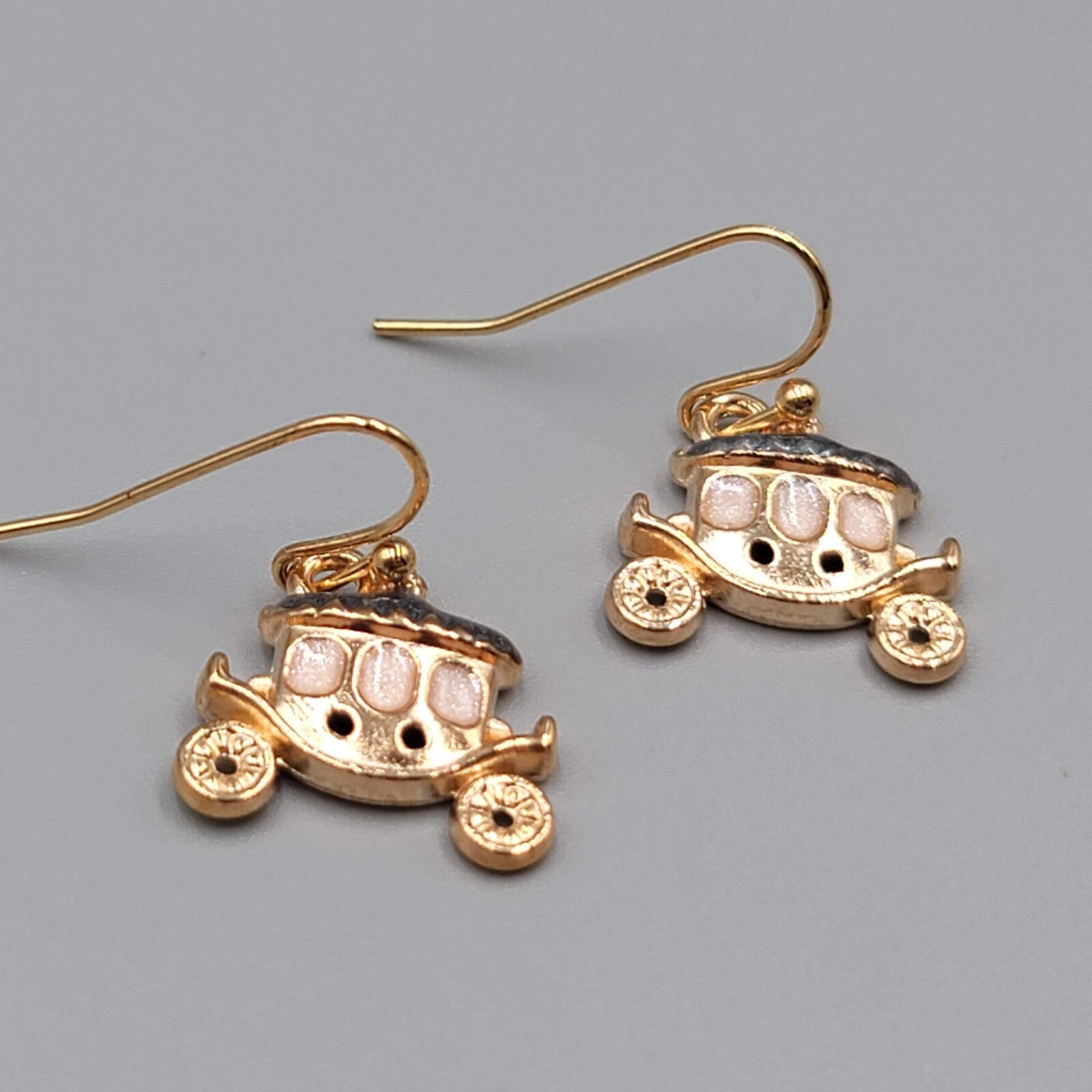 Carriage Enamel Pierced Earrings Gold tone Dangle 5/8"
