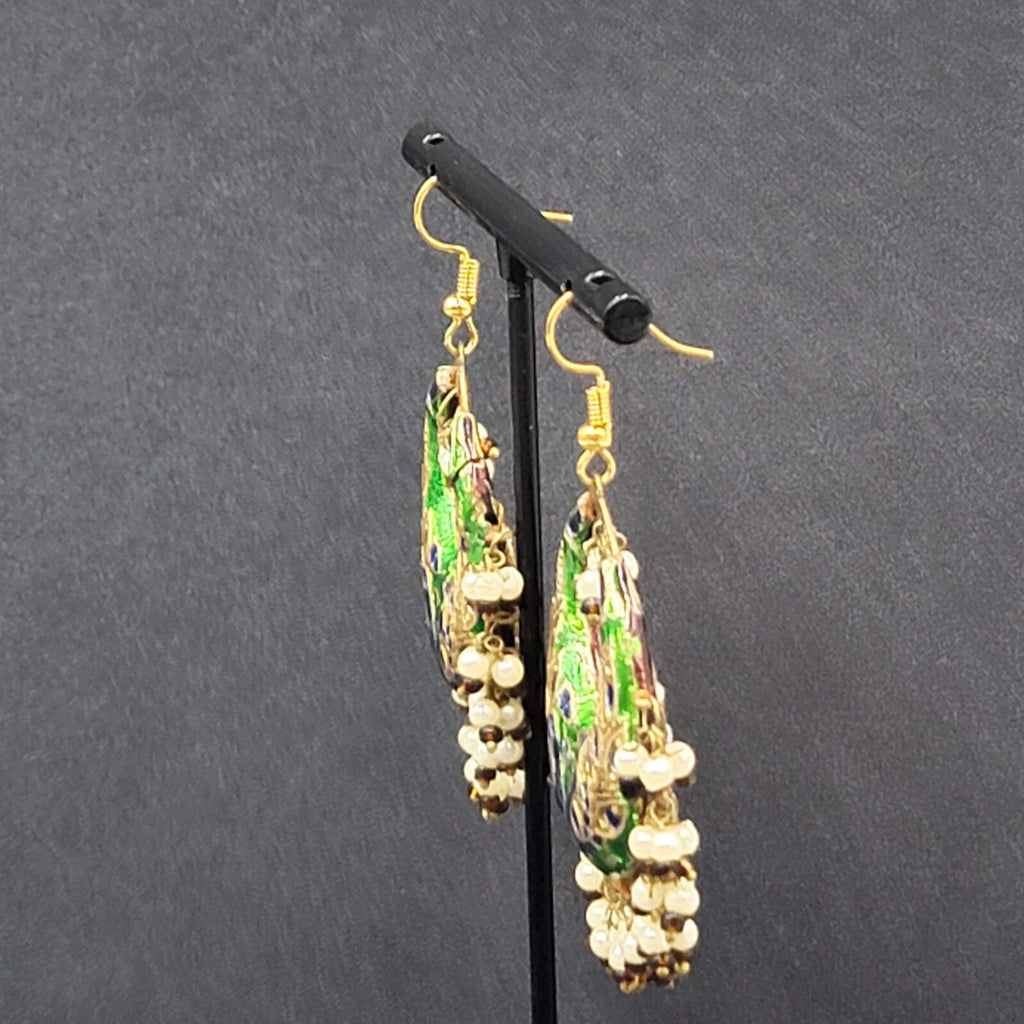 Pierced Earrings Ethnic Gold tone Red Green Beaded 1.75"