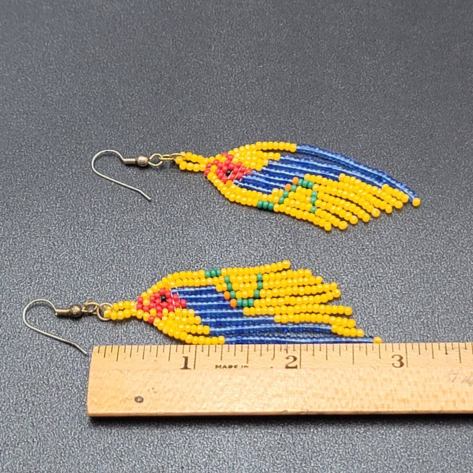 Vintage Pierced Earrings Yellow Seed Bead Parrot Bird Dangle 2.75"