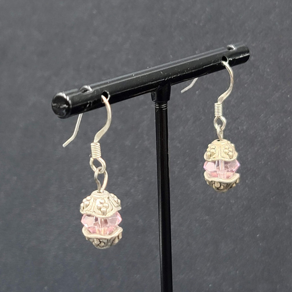 Pierced Earrings Silver tone Pink Crystal Bead Dangle 5/8"