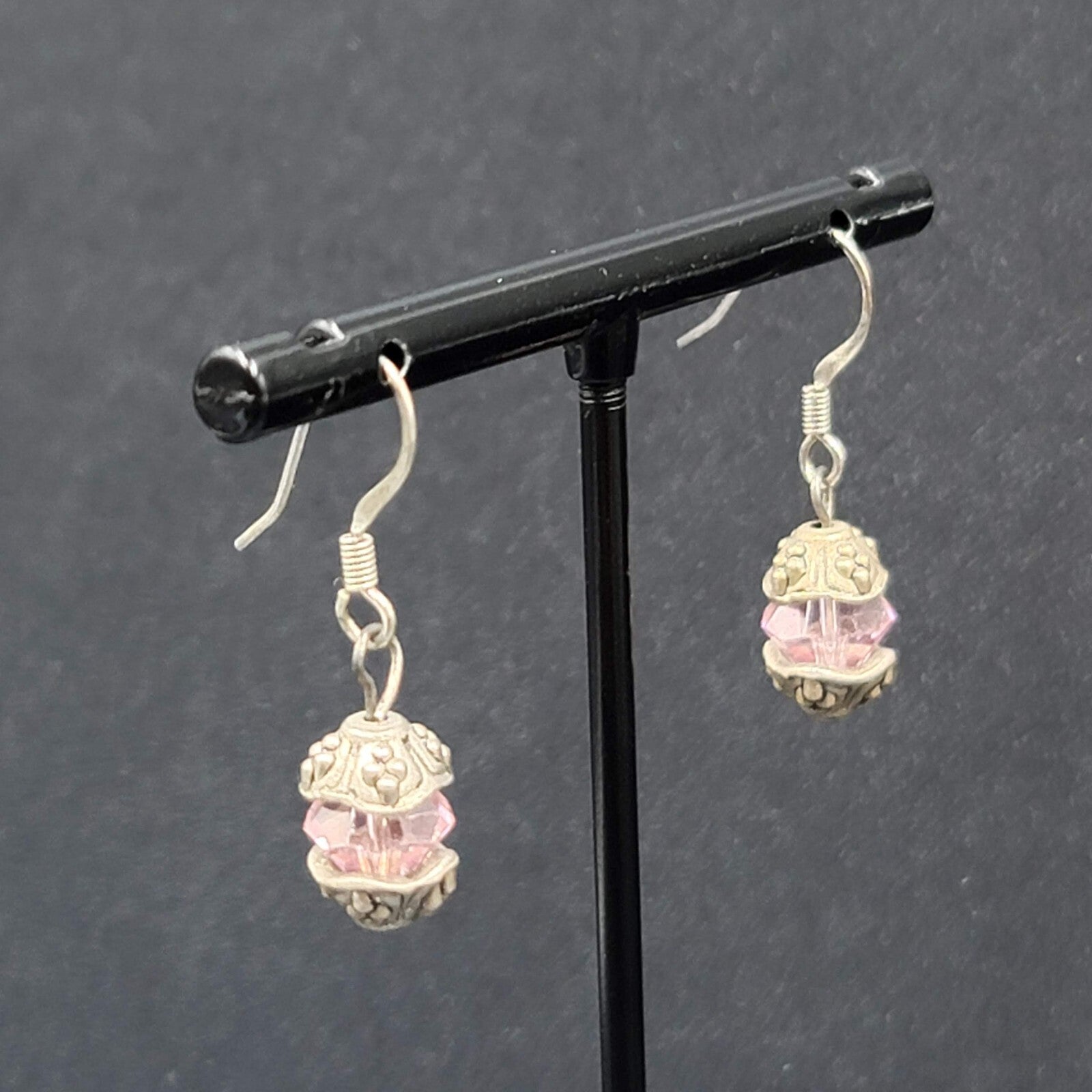 Pierced Earrings Silver tone Pink Crystal Bead Dangle 5/8"
