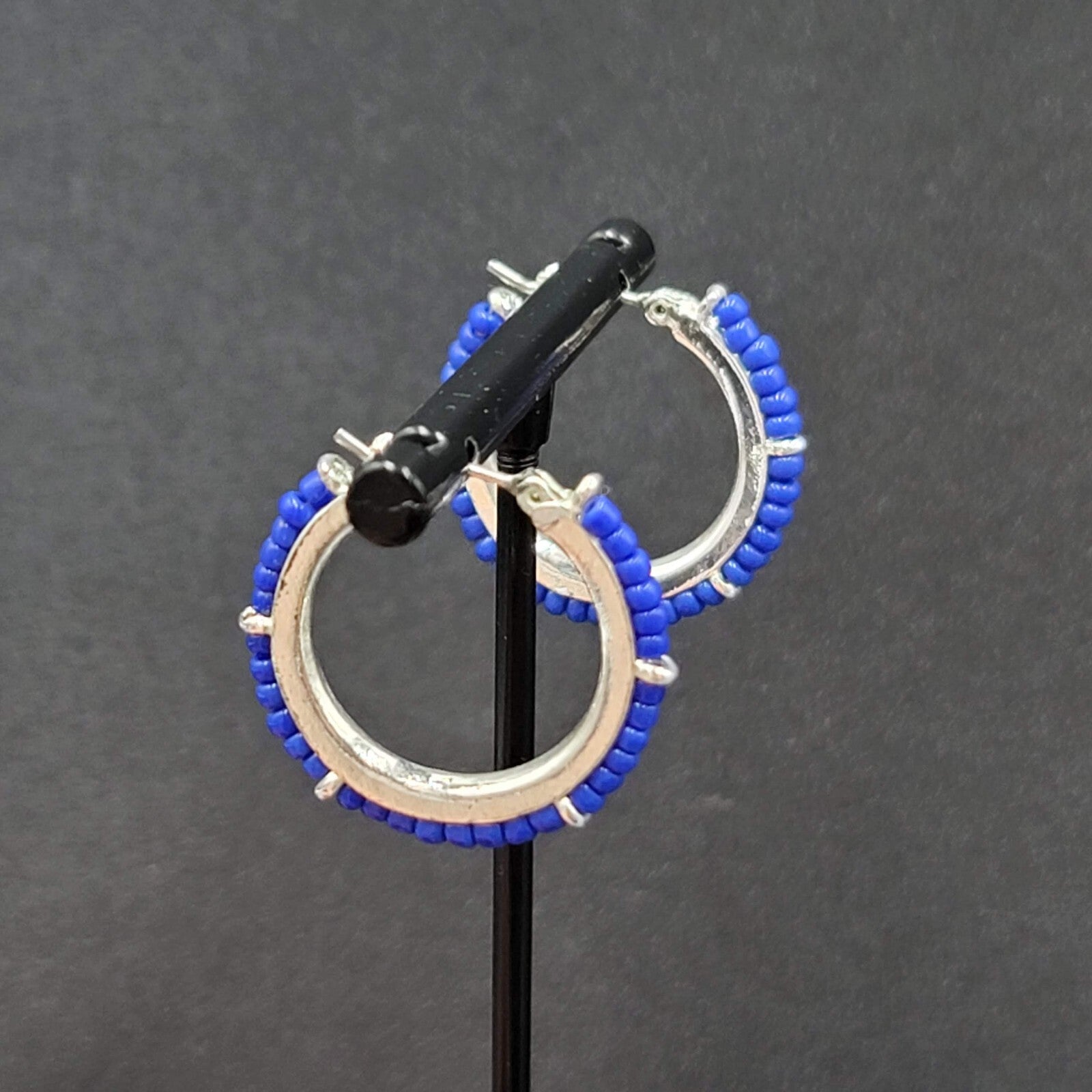 Pierced Earrings Silver tone Blue Seed Bead Hoops 1"