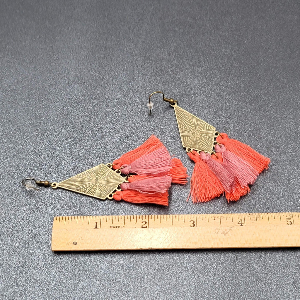 New Boho Pierced Earrings Antiqued Gold tone Enamel Orange Purple Tassel 3"